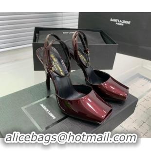 Pretty Style Saint Laurent Patent Leather High Heel Sandals 10cm with Open Toe Burgundy 704090