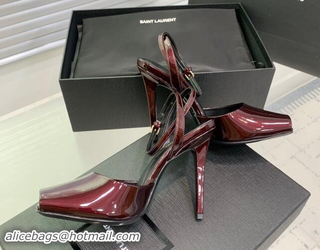 Pretty Style Saint Laurent Patent Leather High Heel Sandals 10cm with Open Toe Burgundy 704090