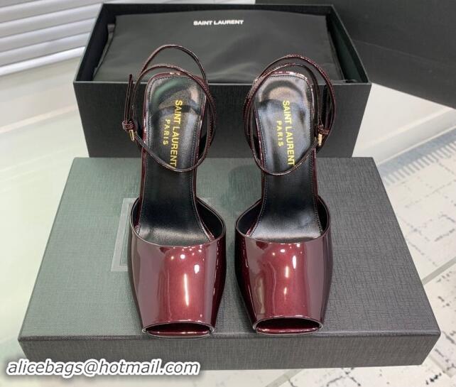 Pretty Style Saint Laurent Patent Leather High Heel Sandals 10cm with Open Toe Burgundy 704090