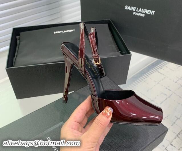 Pretty Style Saint Laurent Patent Leather High Heel Sandals 10cm with Open Toe Burgundy 704090