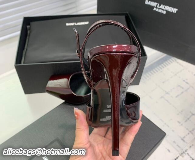 Pretty Style Saint Laurent Patent Leather High Heel Sandals 10cm with Open Toe Burgundy 704090