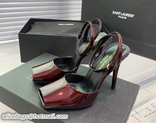 Pretty Style Saint Laurent Patent Leather High Heel Sandals 10cm with Open Toe Burgundy 704090