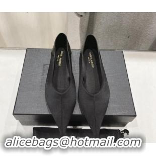 Good Looking Saint Laurent Nour Pointed Flat Slippers in Black Satin 704091