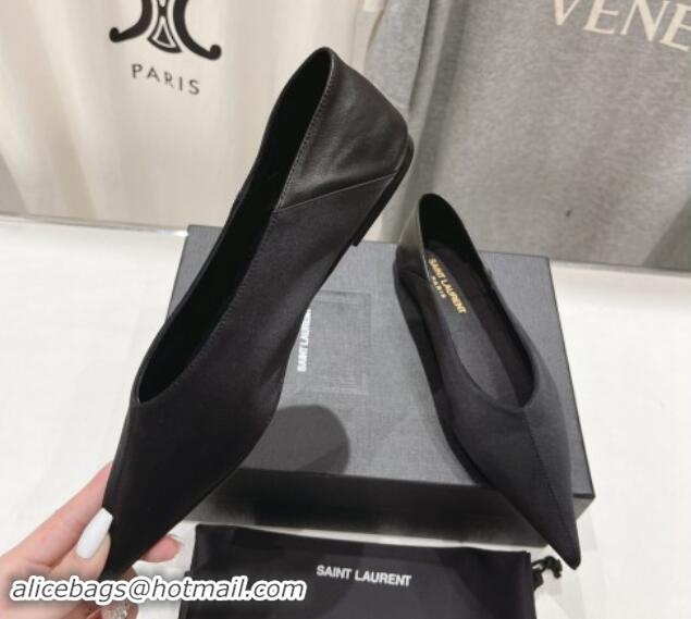 Good Looking Saint Laurent Nour Pointed Flat Slippers in Black Satin 704091