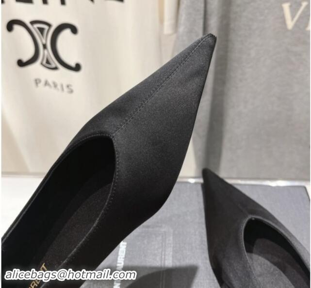 Good Looking Saint Laurent Nour Pointed Flat Slippers in Black Satin 704091