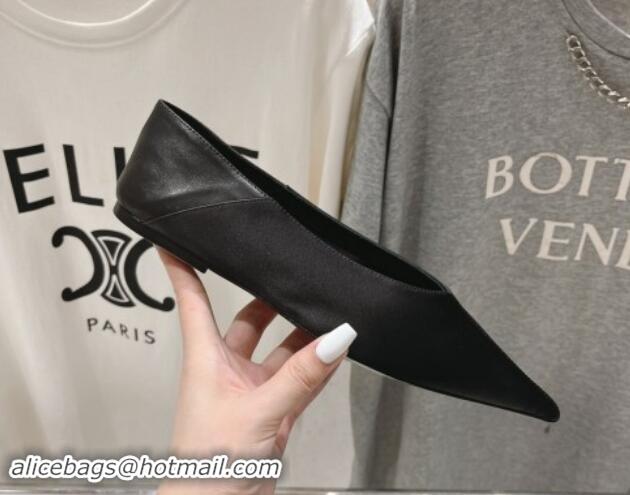 Good Looking Saint Laurent Nour Pointed Flat Slippers in Black Satin 704091