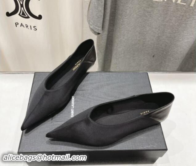 Good Looking Saint Laurent Nour Pointed Flat Slippers in Black Satin 704091