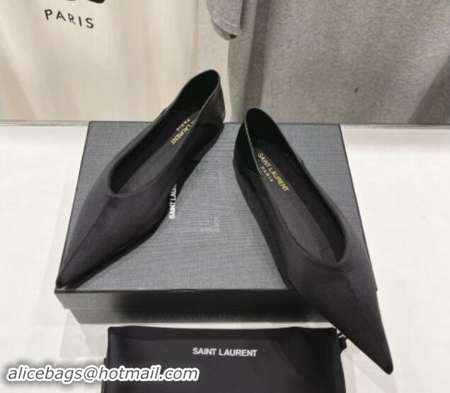 Good Looking Saint Laurent Nour Pointed Flat Slippers in Black Satin 704091