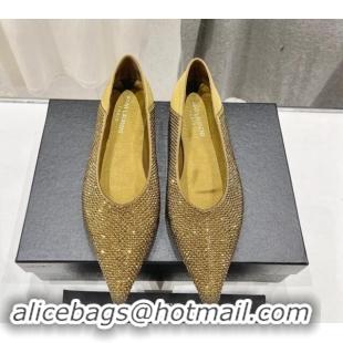 Popular Style Saint Laurent Nour Pointed Flat Slippers in Strass Allover Gold 704093