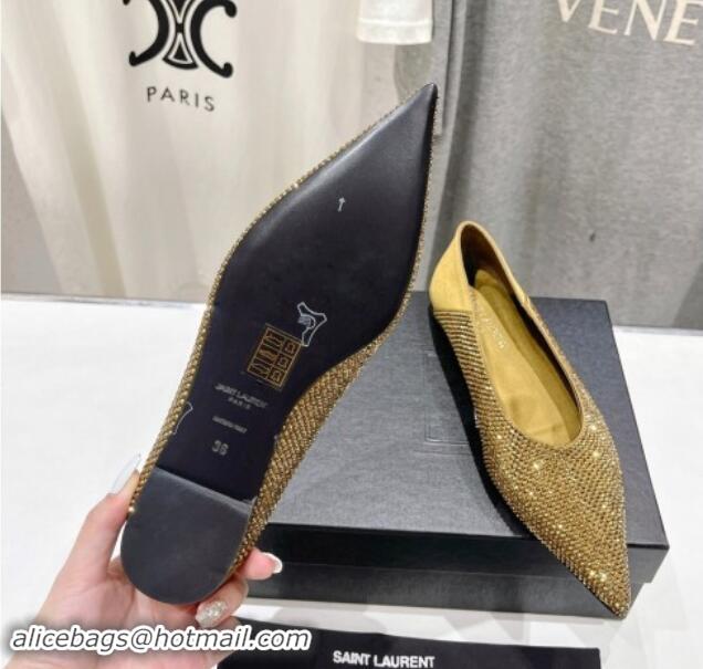 Popular Style Saint Laurent Nour Pointed Flat Slippers in Strass Allover Gold 704093