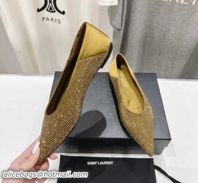 Popular Style Saint Laurent Nour Pointed Flat Slippers in Strass Allover Gold 704093