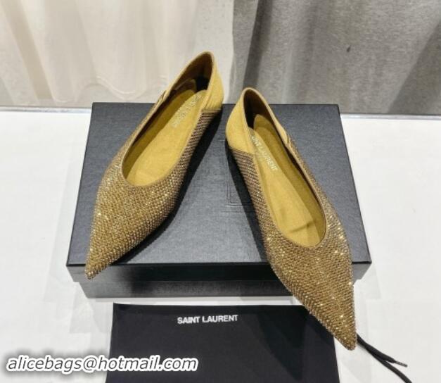 Popular Style Saint Laurent Nour Pointed Flat Slippers in Strass Allover Gold 704093