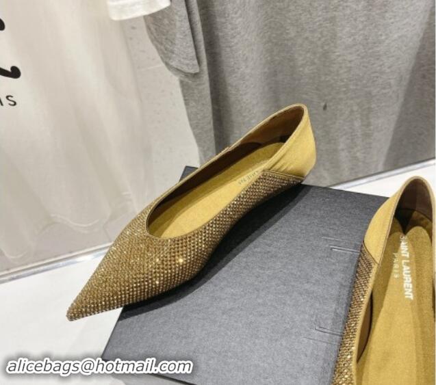 Popular Style Saint Laurent Nour Pointed Flat Slippers in Strass Allover Gold 704093