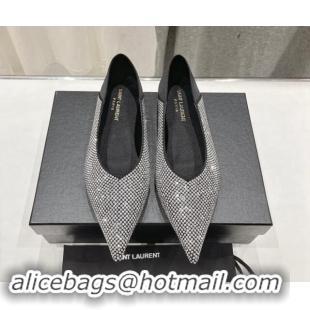 Unique Discount Saint Laurent Nour Pointed Flat Slippers in Strass Allover Silver 704094