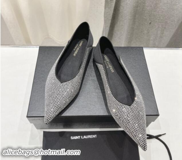 Unique Discount Saint Laurent Nour Pointed Flat Slippers in Strass Allover Silver 704094