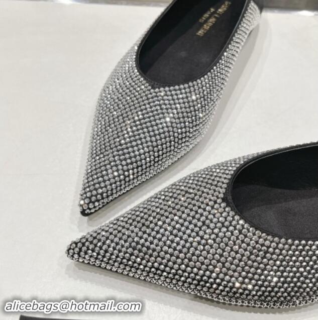 Unique Discount Saint Laurent Nour Pointed Flat Slippers in Strass Allover Silver 704094