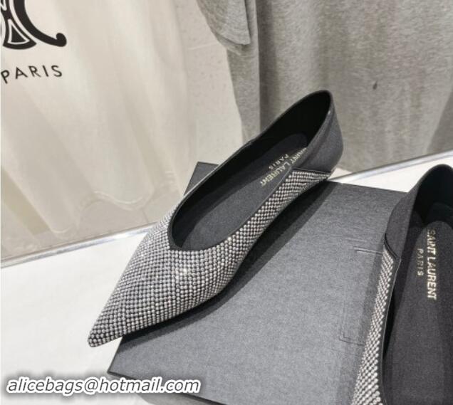 Unique Discount Saint Laurent Nour Pointed Flat Slippers in Strass Allover Silver 704094