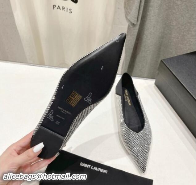 Unique Discount Saint Laurent Nour Pointed Flat Slippers in Strass Allover Silver 704094