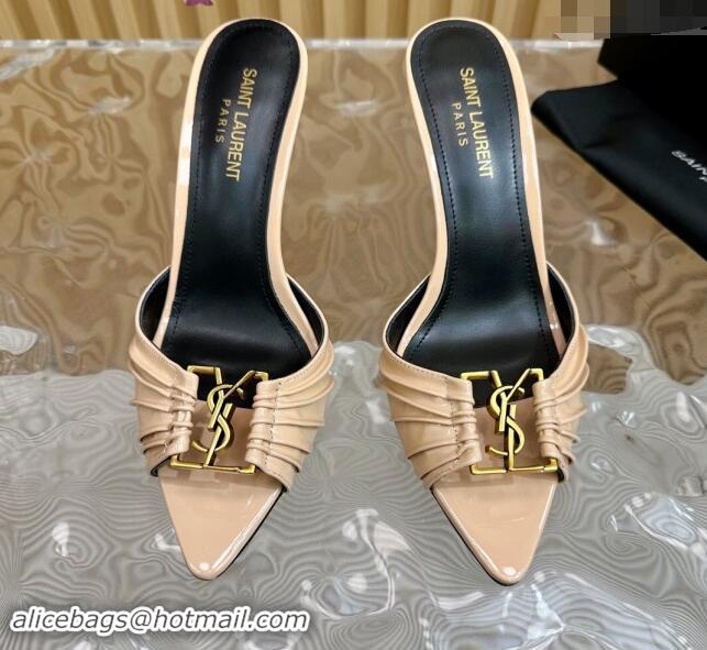 AAAAA Saint Laurent Babylon Heel Slides Sandal 9cm in Patent Leather with Framed YSL Nude 725008