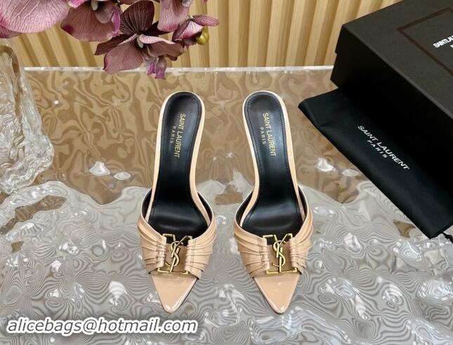 AAAAA Saint Laurent Babylon Heel Slides Sandal 9cm in Patent Leather with Framed YSL Nude 725008