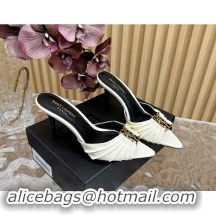 Stylish Saint Laurent Babylon Heel Slides Sandal 9cm in Patent Leather with Framed YSL White 725009