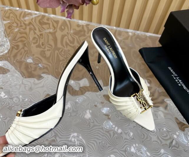 Stylish Saint Laurent Babylon Heel Slides Sandal 9cm in Patent Leather with Framed YSL White 725009