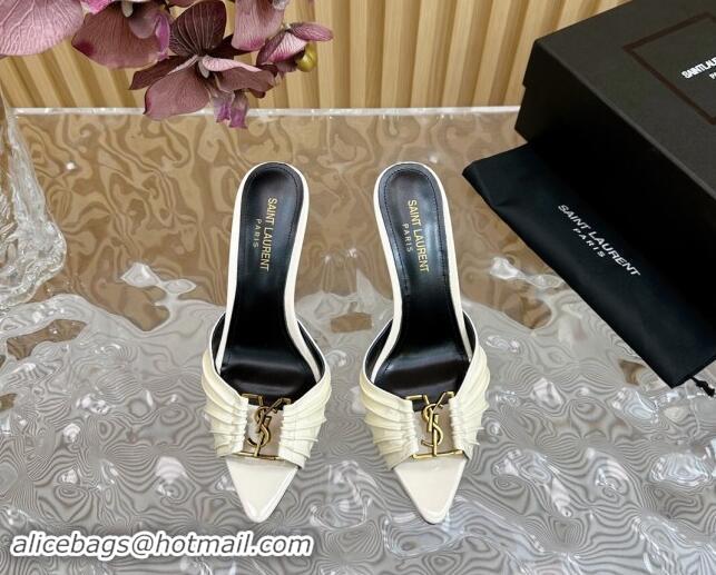 Stylish Saint Laurent Babylon Heel Slides Sandal 9cm in Patent Leather with Framed YSL White 725009