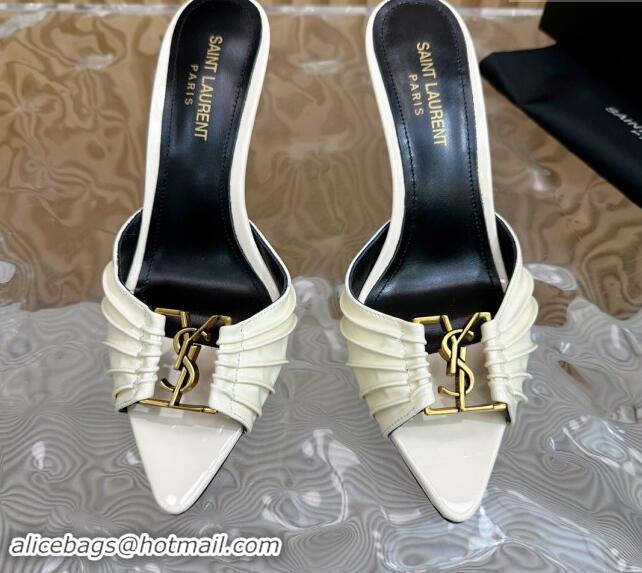 Stylish Saint Laurent Babylon Heel Slides Sandal 9cm in Patent Leather with Framed YSL White 725009