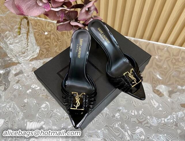 Original Cheap Saint Laurent Babylon Heel Slides Sandal 9cm in Patent Leather with Framed YSL Black 725010