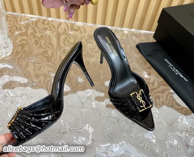 Original Cheap Saint Laurent Babylon Heel Slides Sandal 9cm in Patent Leather with Framed YSL Black 725010