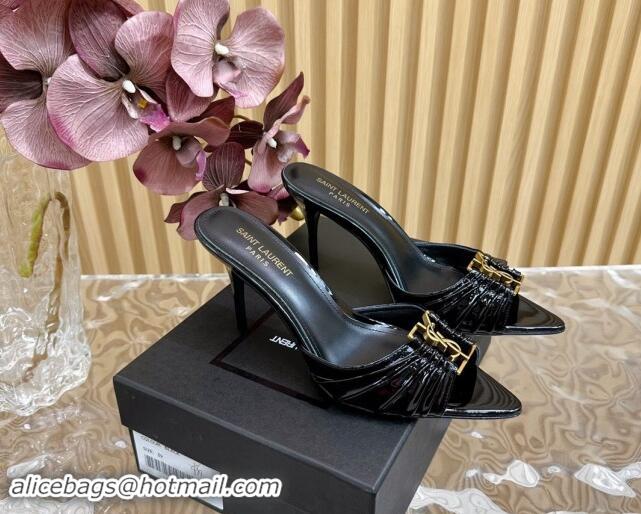 Original Cheap Saint Laurent Babylon Heel Slides Sandal 9cm in Patent Leather with Framed YSL Black 725010