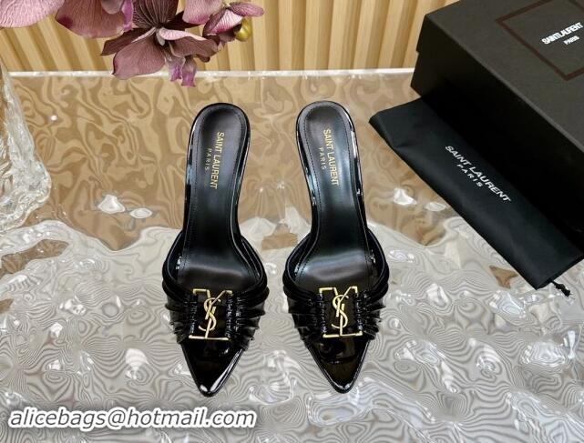 Original Cheap Saint Laurent Babylon Heel Slides Sandal 9cm in Patent Leather with Framed YSL Black 725010