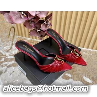 Sumptuous Saint Laurent Babylon Heel Slides Sandal 9cm in Patent Leather with Framed YSL Burgundy 725011