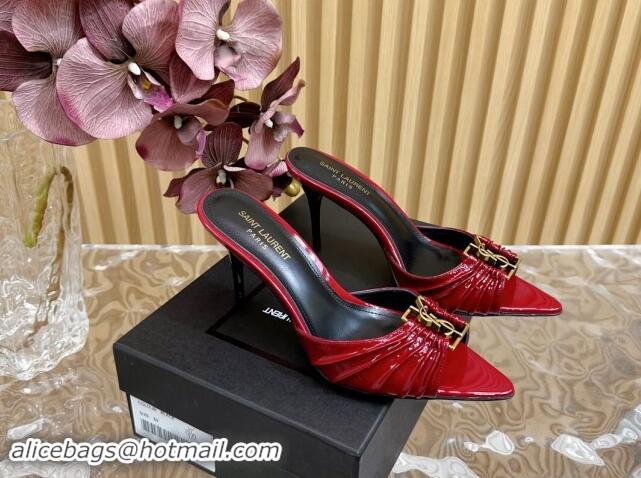 Sumptuous Saint Laurent Babylon Heel Slides Sandal 9cm in Patent Leather with Framed YSL Burgundy 725011