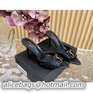 Duplicate Saint Laurent Babylon Heel Slides Sandal 9cm in Calf Leather with Framed YSL Black 725012