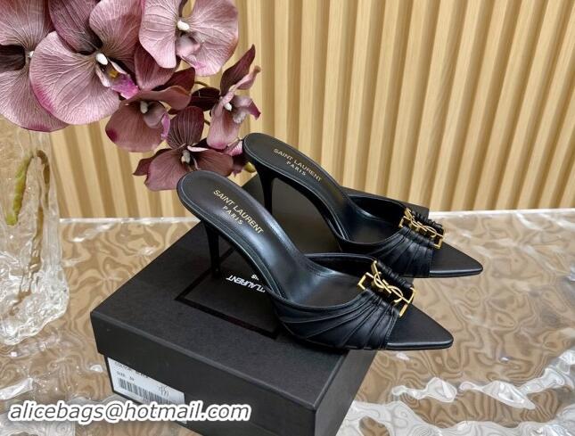 Duplicate Saint Laurent Babylon Heel Slides Sandal 9cm in Calf Leather with Framed YSL Black 725012