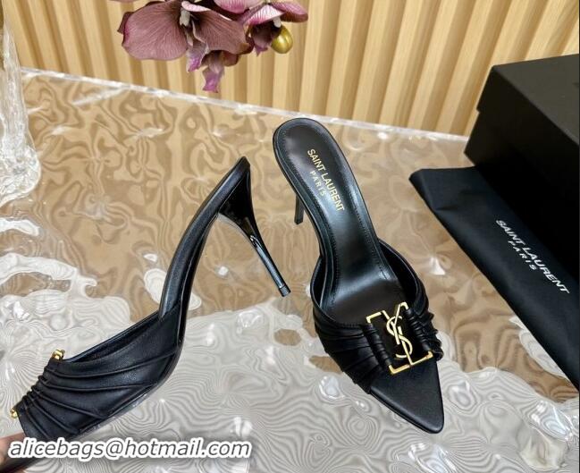 Duplicate Saint Laurent Babylon Heel Slides Sandal 9cm in Calf Leather with Framed YSL Black 725012