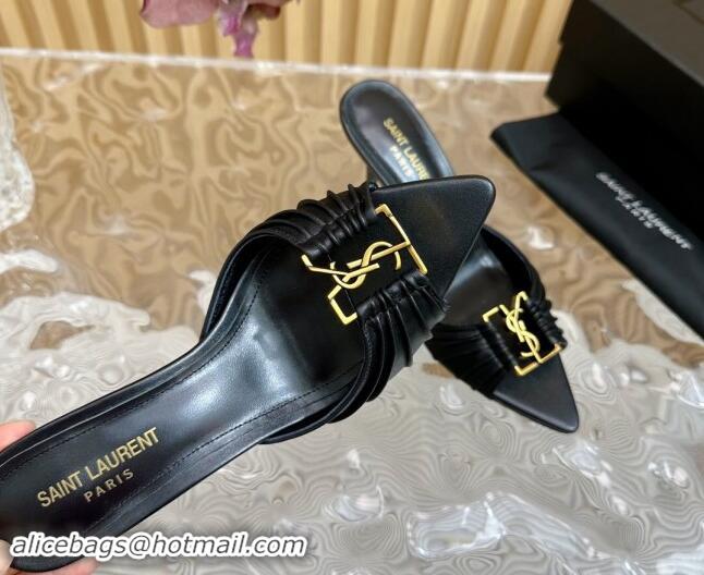 Duplicate Saint Laurent Babylon Heel Slides Sandal 9cm in Calf Leather with Framed YSL Black 725012