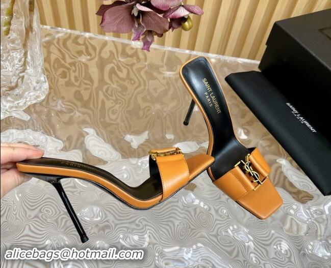 Hot Style Saint Laurent Babylon Heel Slides Sandal 11.5cm in Patent Leather with Framed YSL Orange 725014