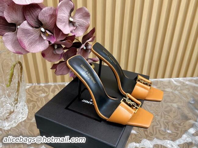 Hot Style Saint Laurent Babylon Heel Slides Sandal 11.5cm in Patent Leather with Framed YSL Orange 725014