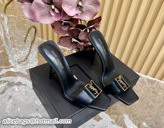 Best Price Saint Laurent Babylon Heel Slides Sandal 11.5cm in Calf Leather with Framed YSL Black 725015