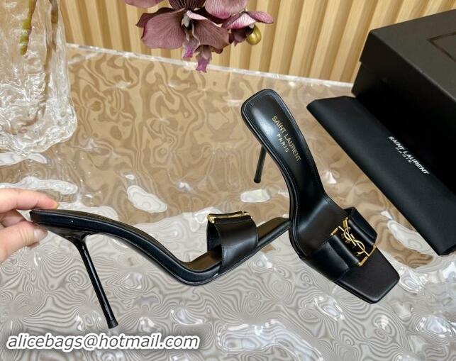 Best Price Saint Laurent Babylon Heel Slides Sandal 11.5cm in Calf Leather with Framed YSL Black 725015