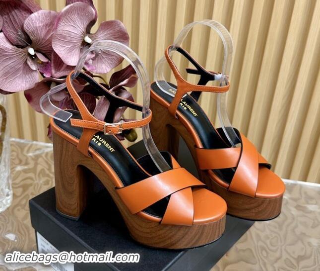 Low Cost Saint Laurent BIANCA Platform Sandals in Brown Smooth Leather 082916