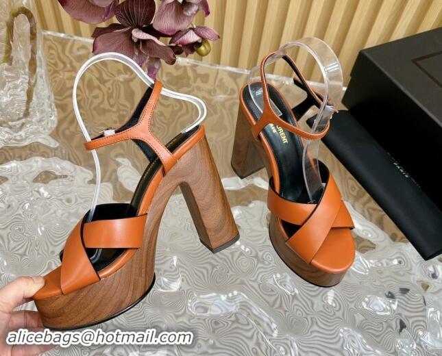 Low Cost Saint Laurent BIANCA Platform Sandals in Brown Smooth Leather 082916