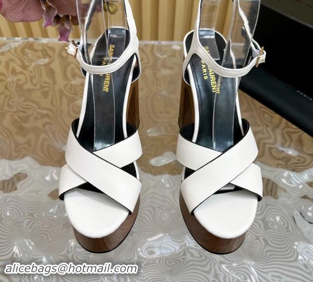 Good Quality Saint Laurent BIANCA Platform Sandals in White Smooth Leather 082917