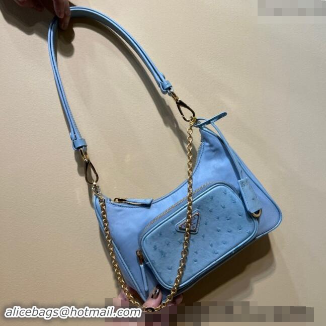 Big Enough Re-Nylon and Ostrich-Like leather mini-bag 1BC198 Light Blue 2023