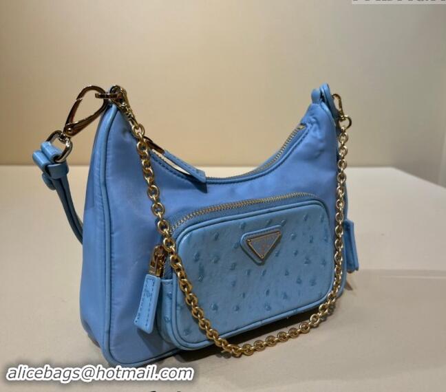 Big Enough Re-Nylon and Ostrich-Like leather mini-bag 1BC198 Light Blue 2023