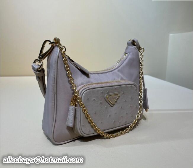 Buy Discount Prada Re-Nylon and Ostrich-Like leather mini-bag 1BC198 Powder Pink 2023