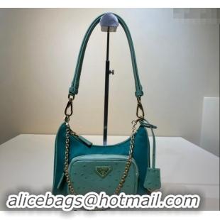 Top Grade Prada Re-Nylon and Ostrich-Like leather mini-bag 1BC198 Green 2023