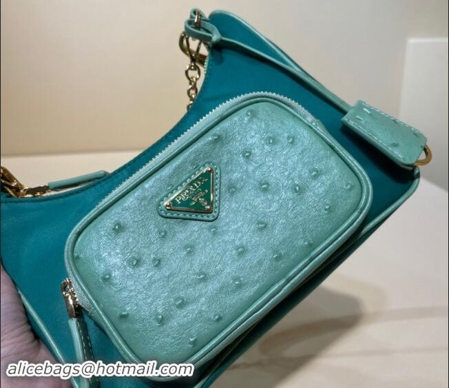 Top Grade Prada Re-Nylon and Ostrich-Like leather mini-bag 1BC198 Green 2023